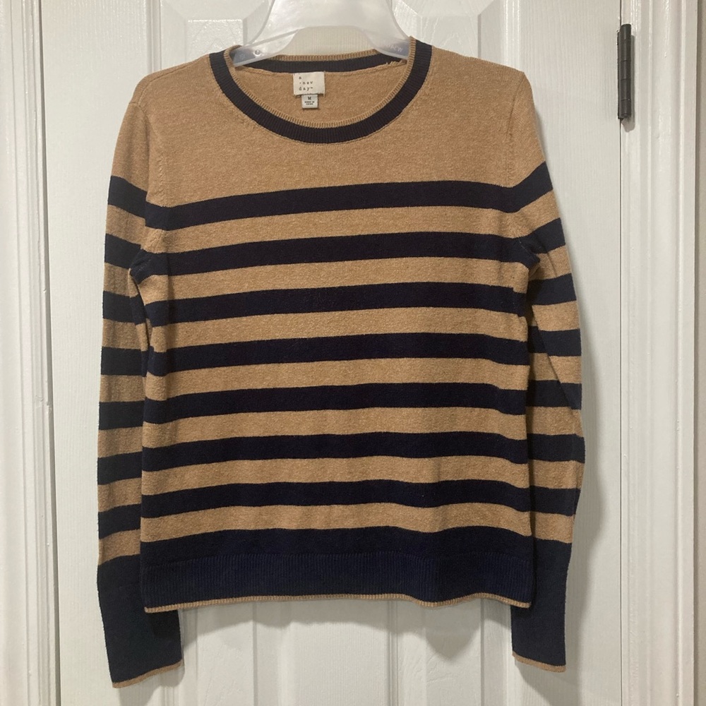 A New Day Tan and Blue Horizontal Striped Sweater